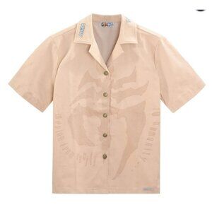 VeryRare Mens Cyber Sigil Embossed Button Up Shirt Short Sleeve Tan Medium